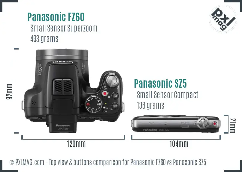 Panasonic FZ60 vs Panasonic SZ5 top view buttons comparison