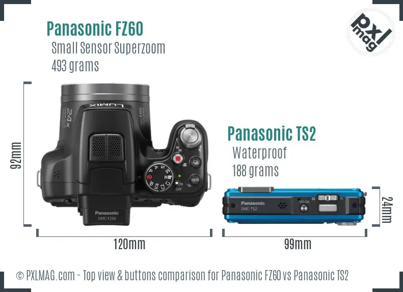Panasonic FZ60 vs Panasonic TS2 top view buttons comparison
