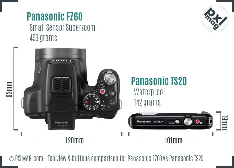 Panasonic FZ60 vs Panasonic TS20 top view buttons comparison