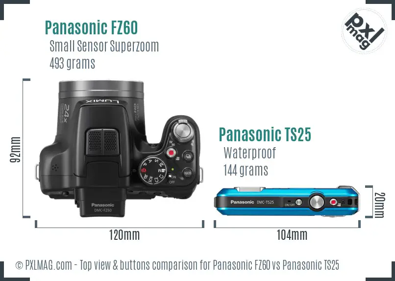 Panasonic FZ60 vs Panasonic TS25 top view buttons comparison
