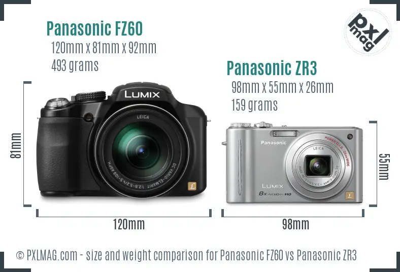 Panasonic FZ60 vs Panasonic ZR3 size comparison