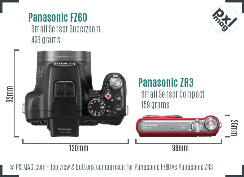 Panasonic FZ60 vs Panasonic ZR3 top view buttons comparison