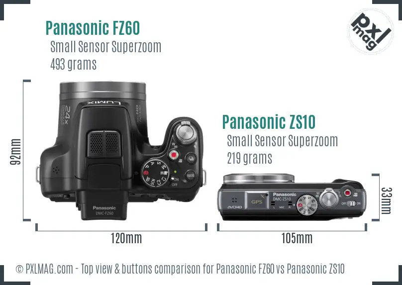 Panasonic FZ60 vs Panasonic ZS10 top view buttons comparison