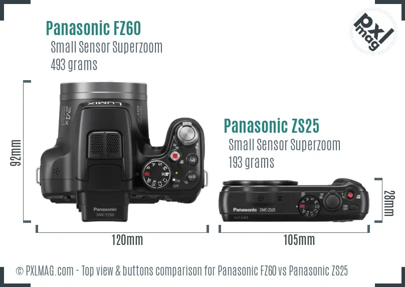 Panasonic FZ60 vs Panasonic ZS25 top view buttons comparison