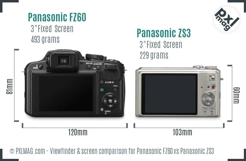 Panasonic FZ60 vs Panasonic ZS3 Screen and Viewfinder comparison