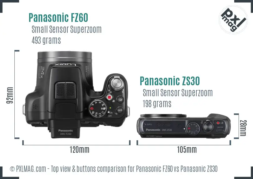 Panasonic FZ60 vs Panasonic ZS30 top view buttons comparison