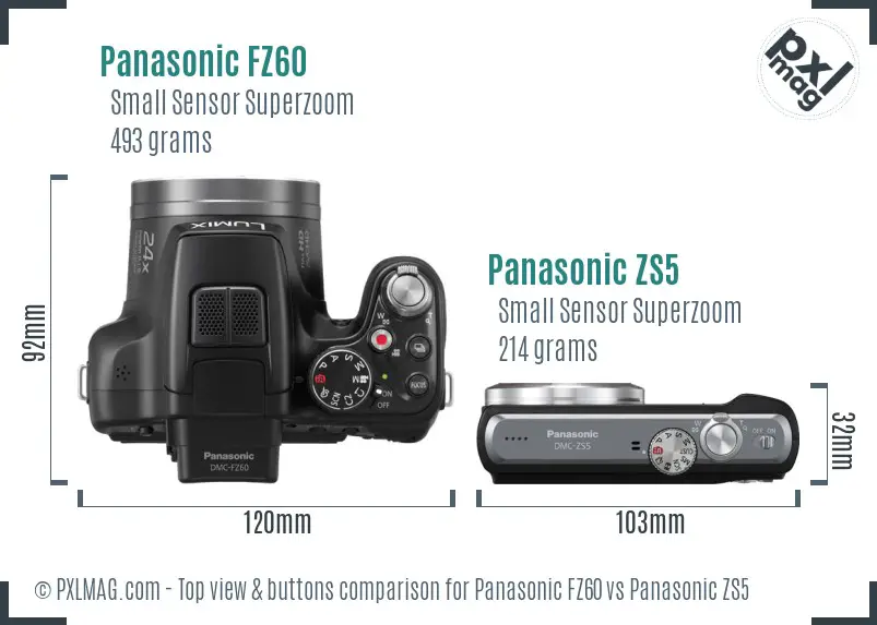 Panasonic FZ60 vs Panasonic ZS5 top view buttons comparison