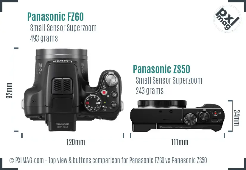 Panasonic FZ60 vs Panasonic ZS50 top view buttons comparison