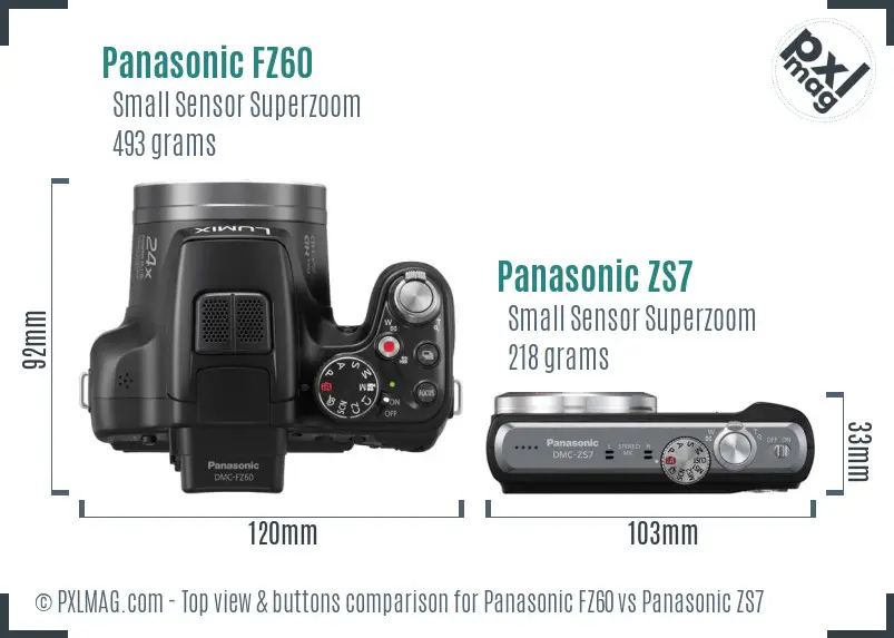Panasonic FZ60 vs Panasonic ZS7 top view buttons comparison