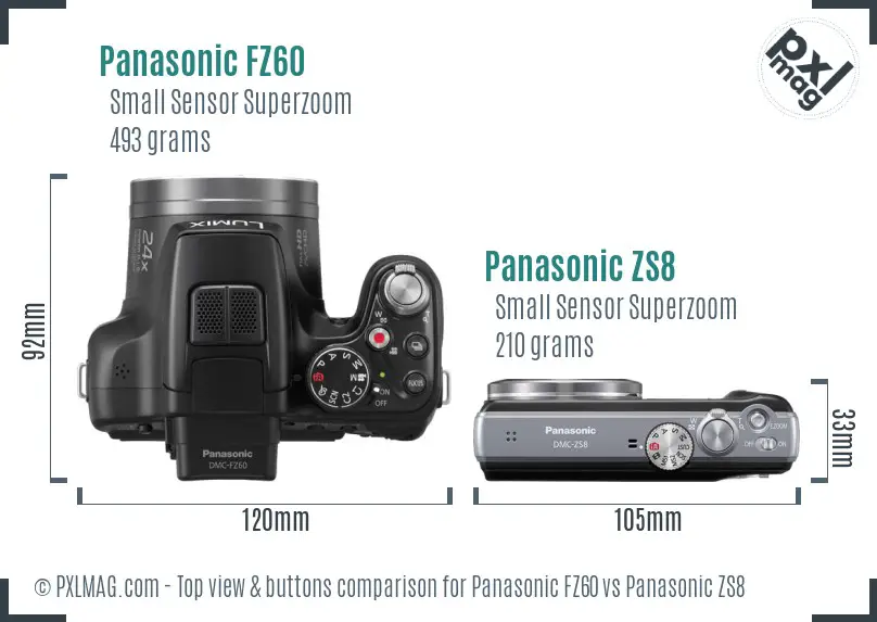 Panasonic FZ60 vs Panasonic ZS8 top view buttons comparison