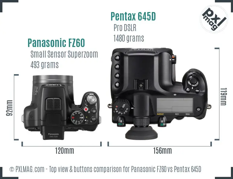 Panasonic FZ60 vs Pentax 645D top view buttons comparison