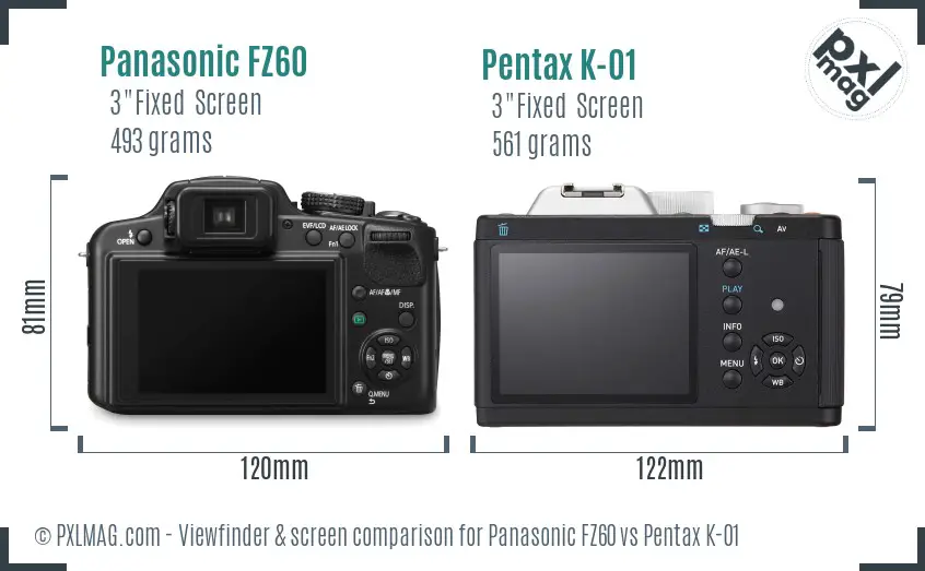 Panasonic FZ60 vs Pentax K-01 Screen and Viewfinder comparison
