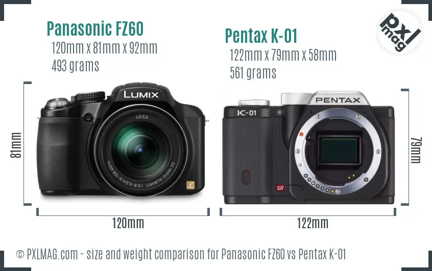 Panasonic FZ60 vs Pentax K-01 size comparison