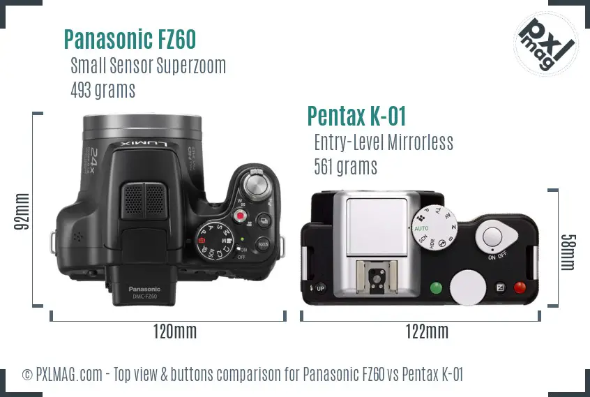 Panasonic FZ60 vs Pentax K-01 top view buttons comparison
