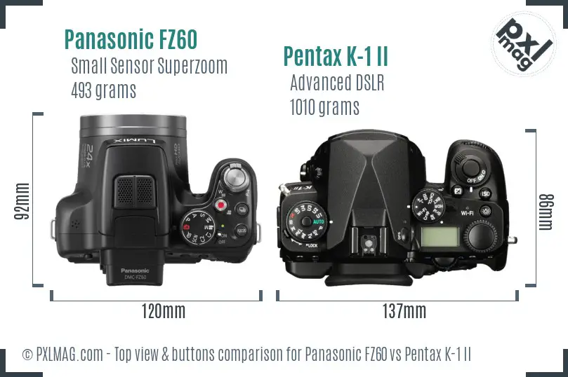 Panasonic FZ60 vs Pentax K-1 II top view buttons comparison