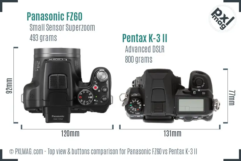 Panasonic FZ60 vs Pentax K-3 II top view buttons comparison
