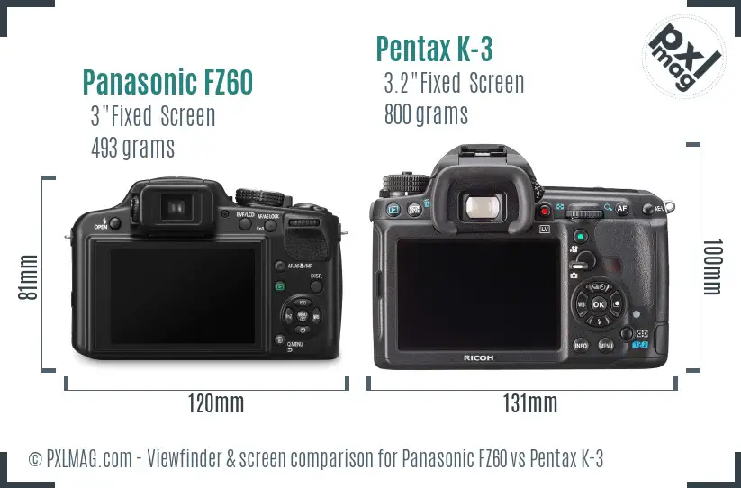 Panasonic FZ60 vs Pentax K-3 Screen and Viewfinder comparison