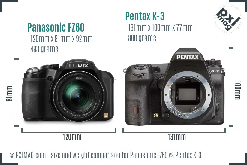 Panasonic FZ60 vs Pentax K-3 size comparison