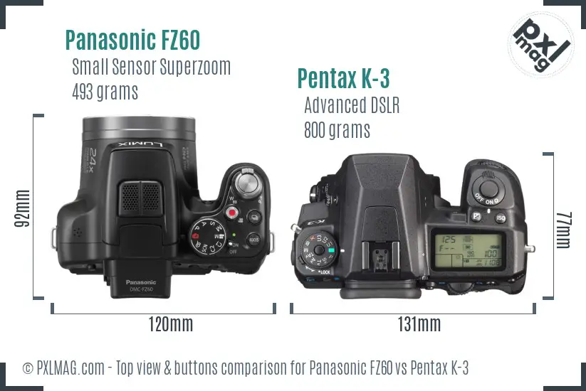 Panasonic FZ60 vs Pentax K-3 top view buttons comparison