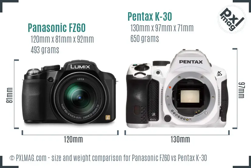 Panasonic FZ60 vs Pentax K-30 size comparison