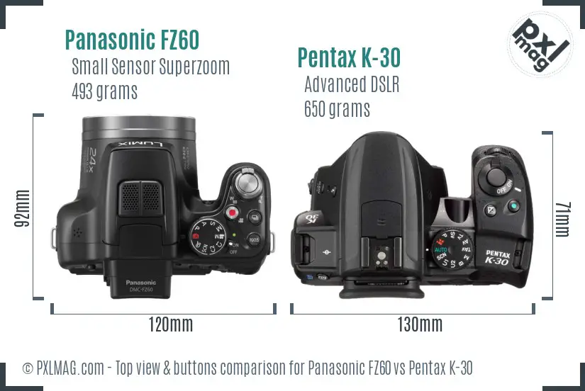 Panasonic FZ60 vs Pentax K-30 top view buttons comparison