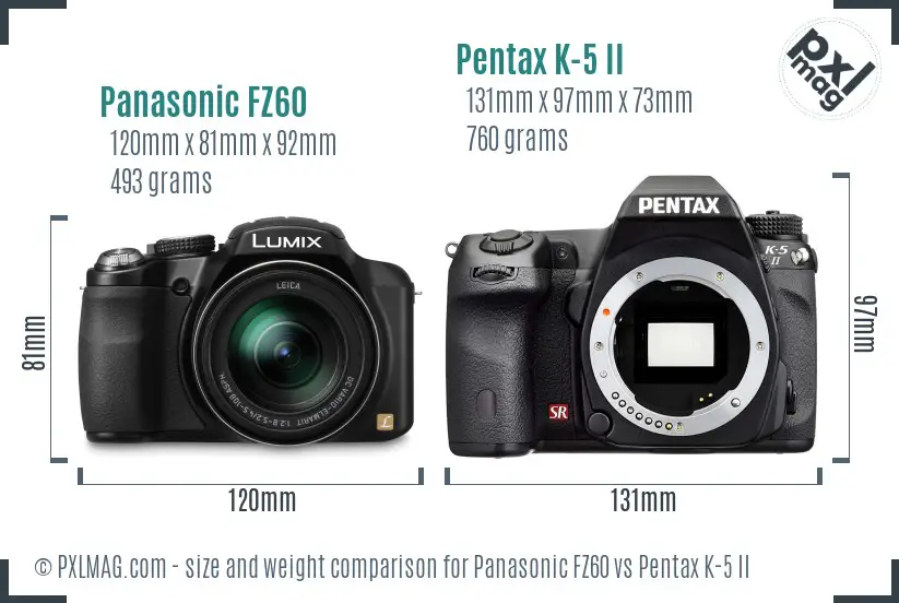 Panasonic FZ60 vs Pentax K-5 II size comparison