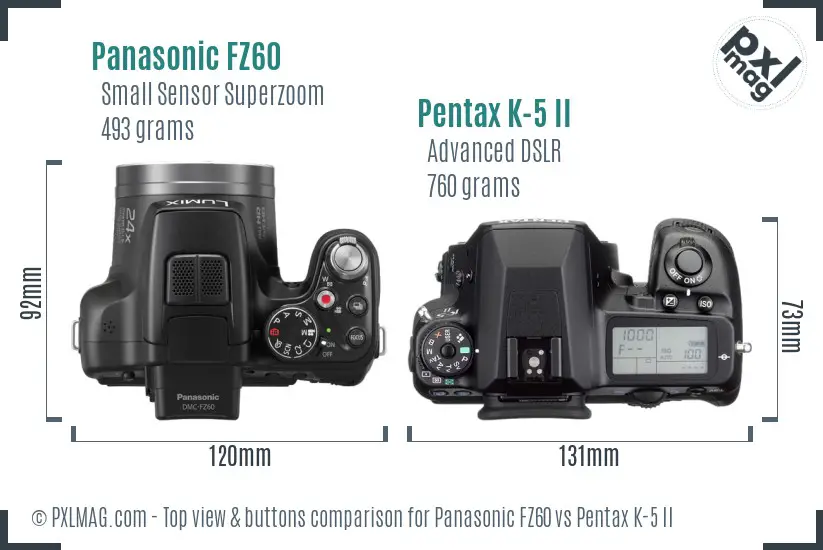 Panasonic FZ60 vs Pentax K-5 II top view buttons comparison