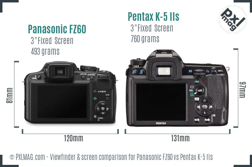 Panasonic FZ60 vs Pentax K-5 IIs Screen and Viewfinder comparison