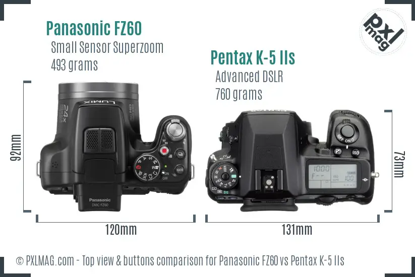 Panasonic FZ60 vs Pentax K-5 IIs top view buttons comparison