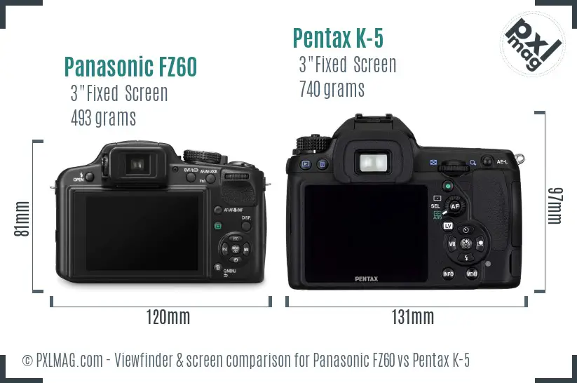 Panasonic FZ60 vs Pentax K-5 Screen and Viewfinder comparison