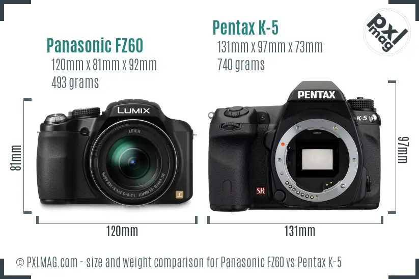 Panasonic FZ60 vs Pentax K-5 size comparison