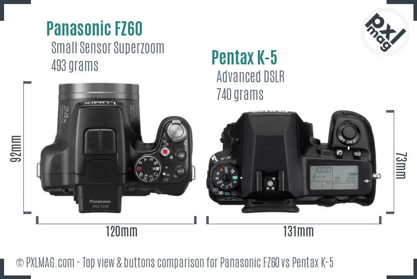 Panasonic FZ60 vs Pentax K-5 top view buttons comparison