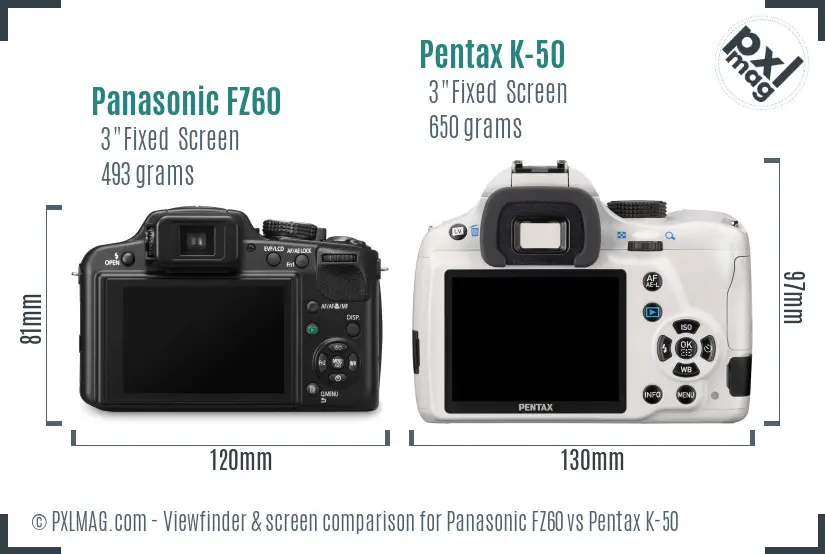 Panasonic FZ60 vs Pentax K-50 Screen and Viewfinder comparison