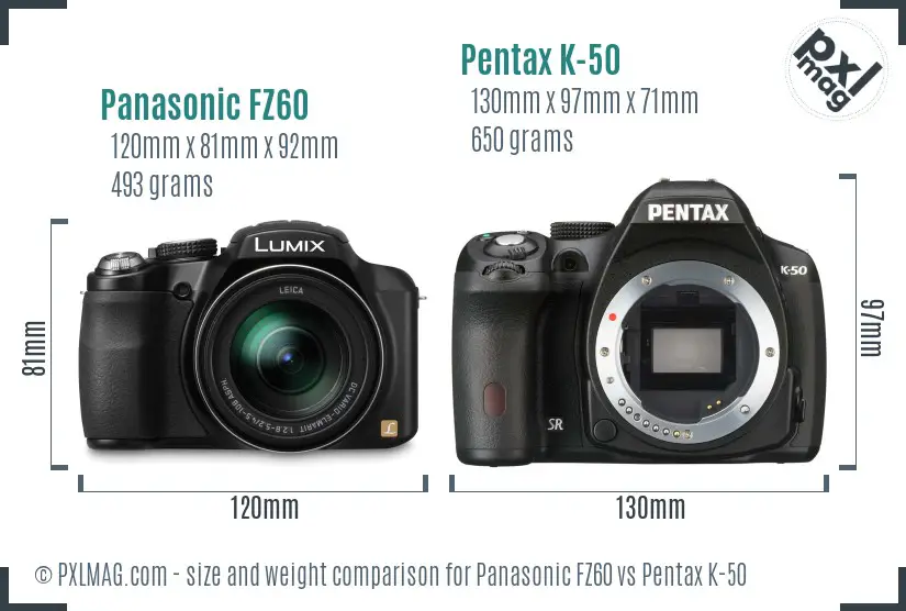 Panasonic FZ60 vs Pentax K-50 size comparison