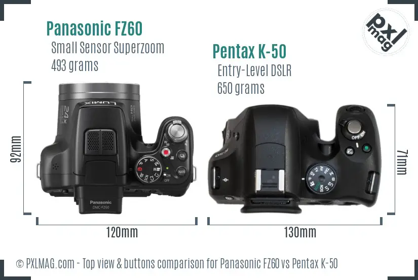 Panasonic FZ60 vs Pentax K-50 top view buttons comparison