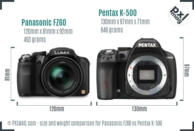 Panasonic FZ60 vs Pentax K-500 size comparison