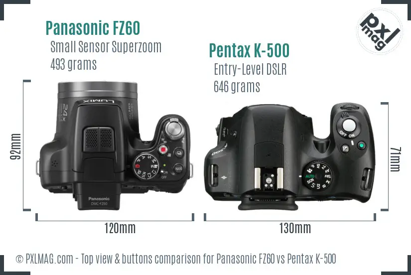 Panasonic FZ60 vs Pentax K-500 top view buttons comparison