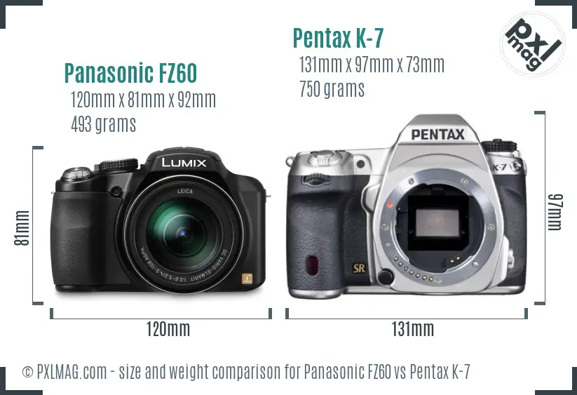 Panasonic FZ60 vs Pentax K-7 size comparison