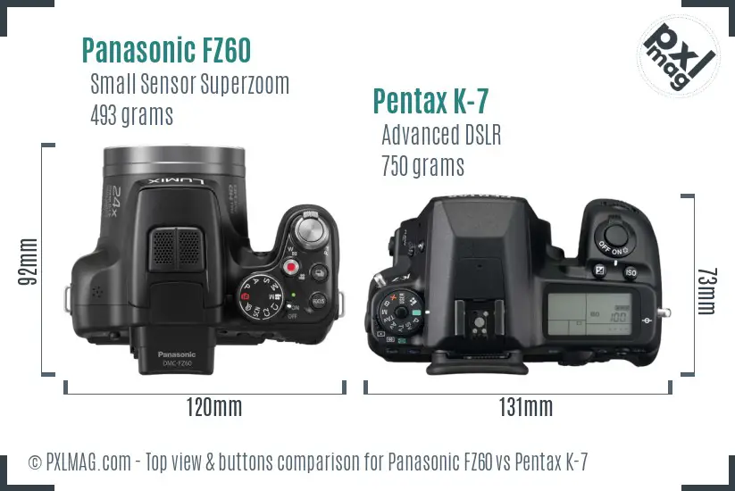 Panasonic FZ60 vs Pentax K-7 top view buttons comparison