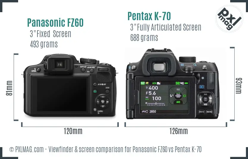 Panasonic FZ60 vs Pentax K-70 Screen and Viewfinder comparison