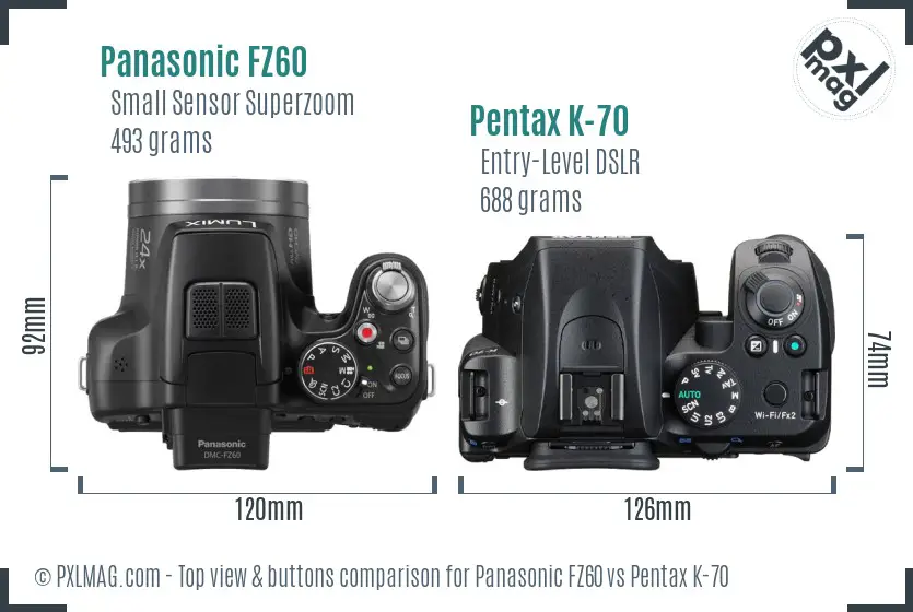 Panasonic FZ60 vs Pentax K-70 top view buttons comparison