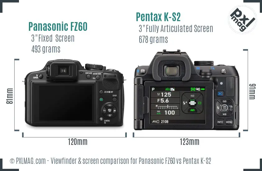 Panasonic FZ60 vs Pentax K-S2 Screen and Viewfinder comparison