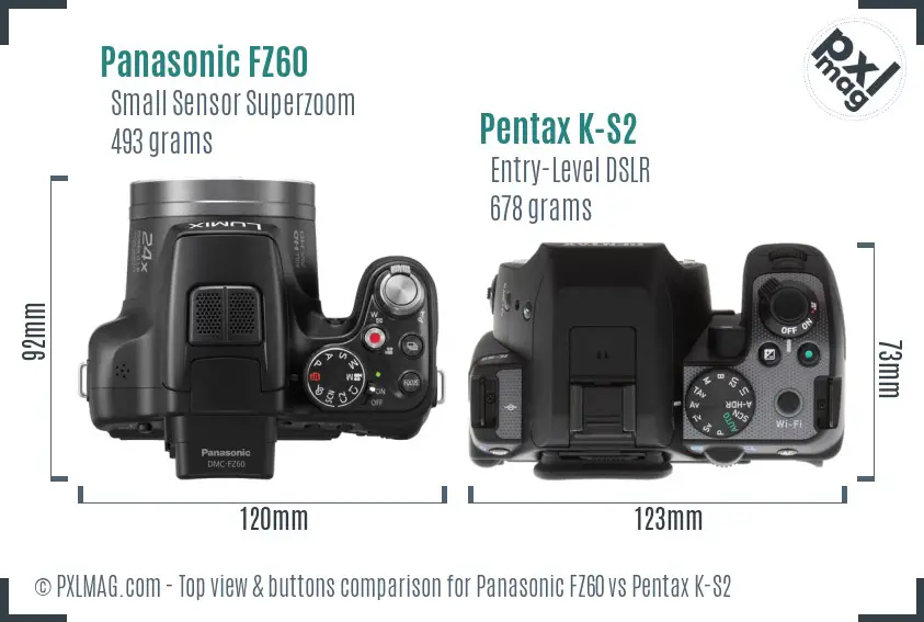 Panasonic FZ60 vs Pentax K-S2 top view buttons comparison