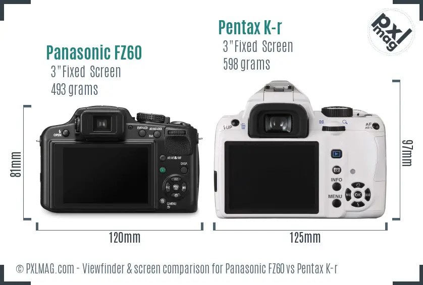 Panasonic FZ60 vs Pentax K-r Screen and Viewfinder comparison