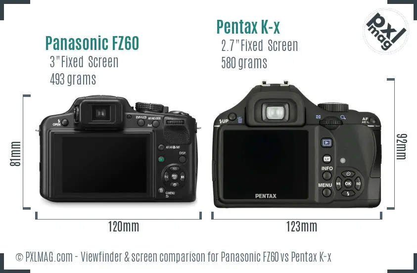 Panasonic FZ60 vs Pentax K-x Screen and Viewfinder comparison