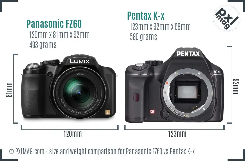 Panasonic FZ60 vs Pentax K-x size comparison