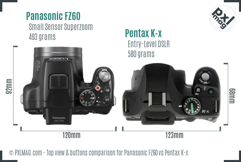 Panasonic FZ60 vs Pentax K-x top view buttons comparison