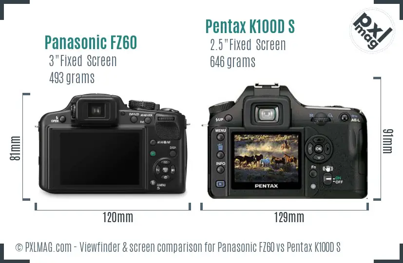Panasonic FZ60 vs Pentax K100D S Screen and Viewfinder comparison