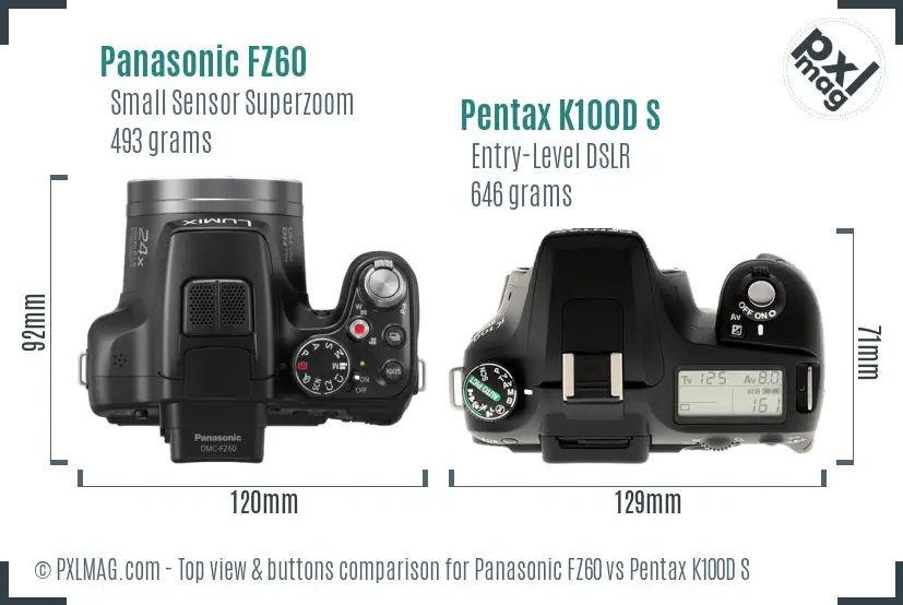 Panasonic FZ60 vs Pentax K100D S top view buttons comparison