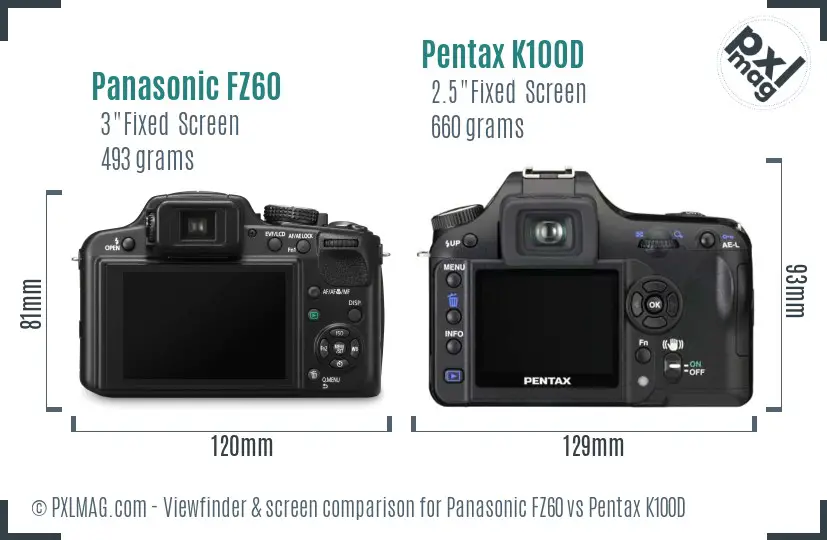 Panasonic FZ60 vs Pentax K100D Screen and Viewfinder comparison